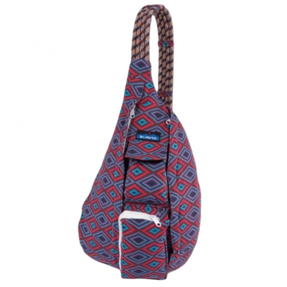 KAVU‎ Rope Bag Sling Backpack Southwestern Geometric Diamond Red Blue Canvas